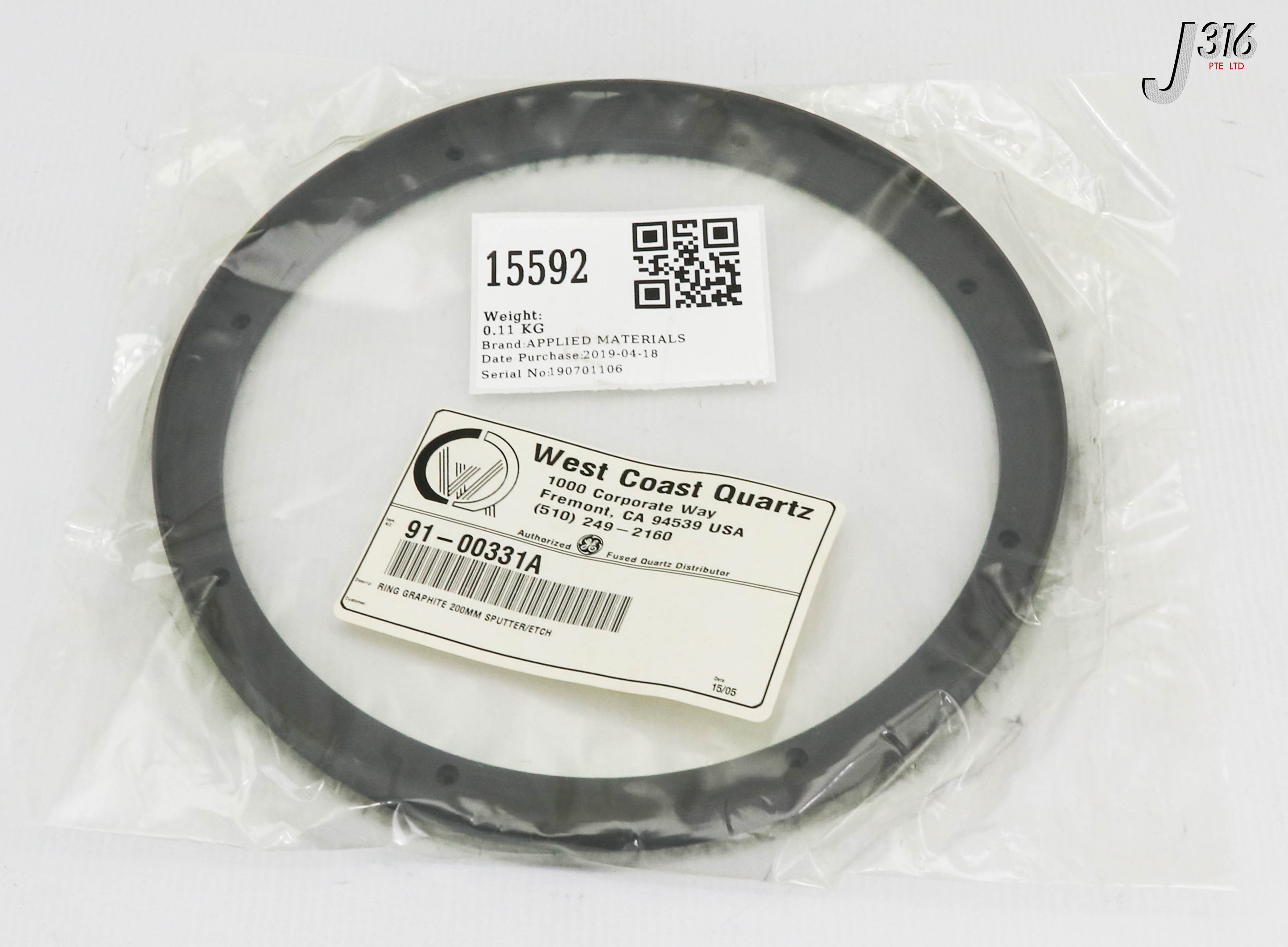 古いカード 15592 APPLIED MATERIALS RING GRAPHITE 200MM SPUTTER ETCH, 91